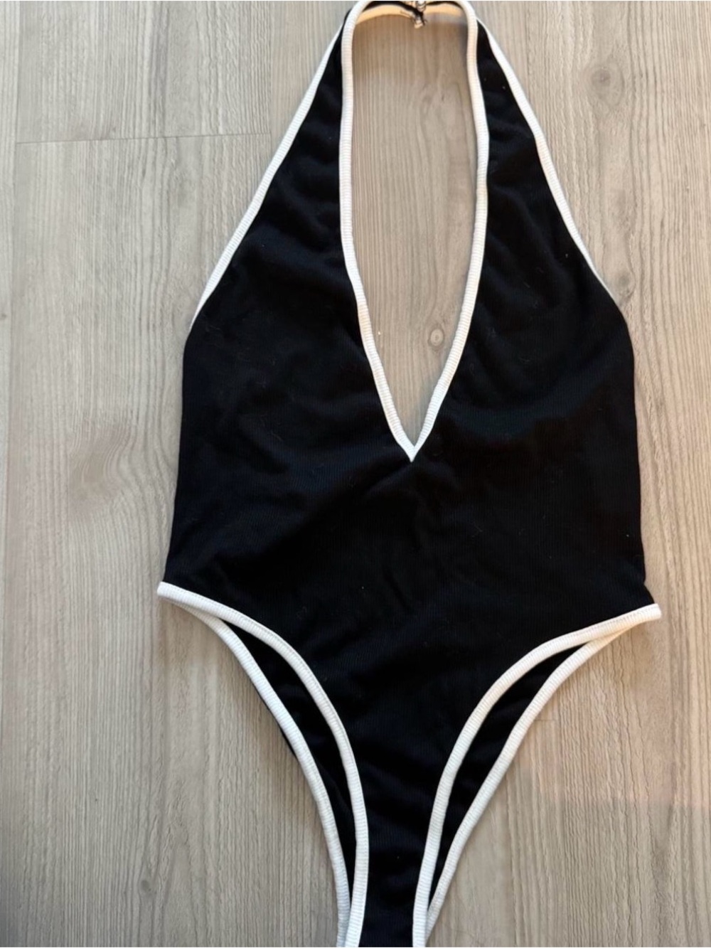 Black Halter One-Piece with White Trim